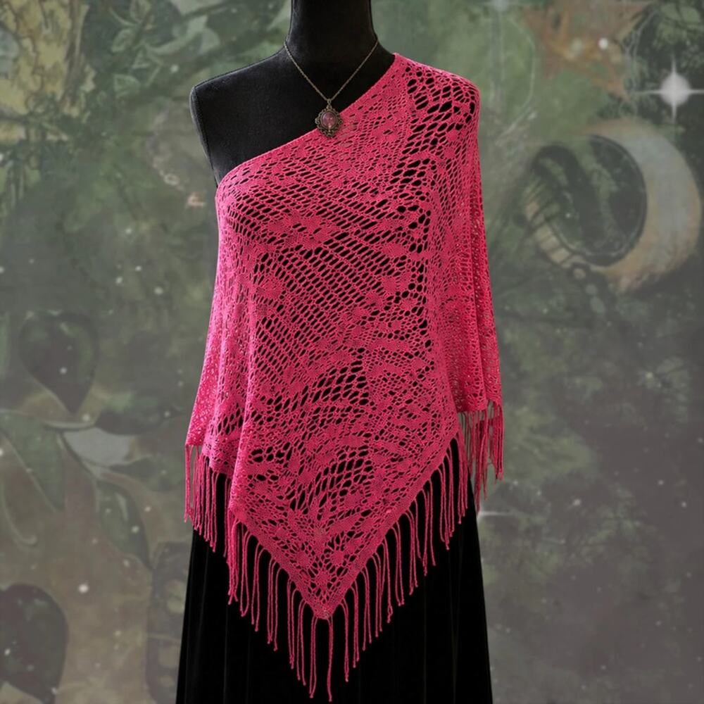 Pink Crochet Triangle Shawl Fringe Sequin Y2K Boho Fairy